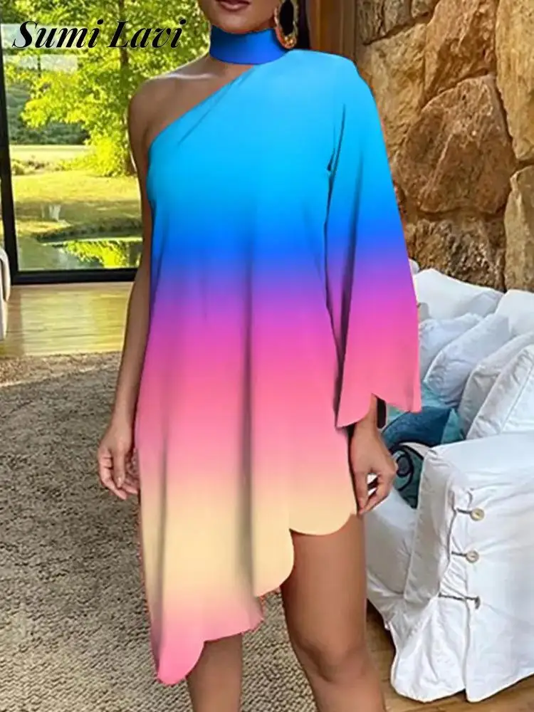 

2022 Summer Batwing Sleeve Draped Loose Dress Sexy Diagonal Collar Off Shoulder Beach Dress Casual Print Irregular Loose Dress