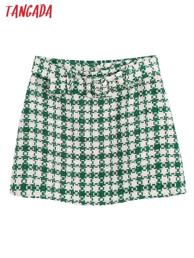 

Tangada Women Fashion Green Tweed Mini Skirt with Belt Vintage High Waist Back Zipper Female Skirts BE189