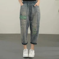 summer retro ripped jeans elastic waist streetwear women chic pocket collar wide leg jeans women high waist straight jeans