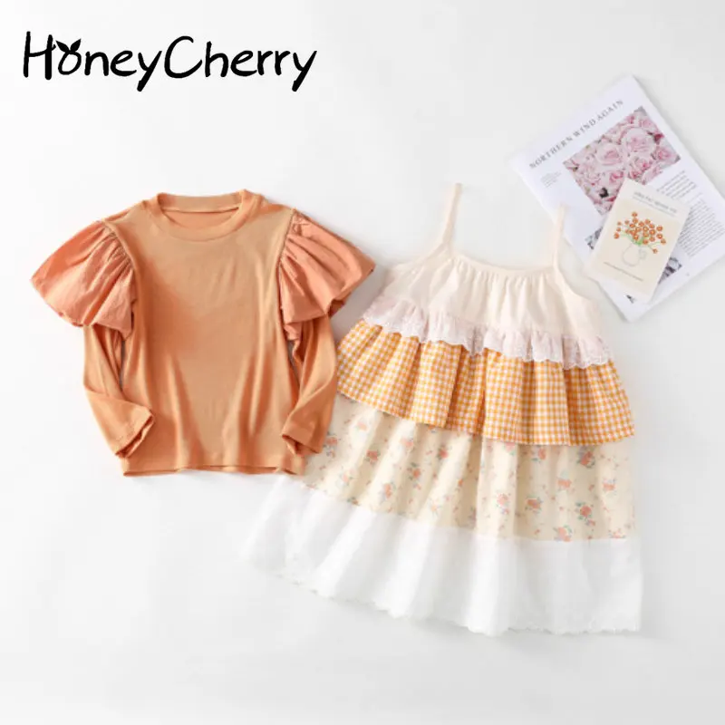 

Модные комплекты из двух предметов для девочек с рисунком жимолой новая весенняя футболка с длинными рукавами платье на бретельках комплек...