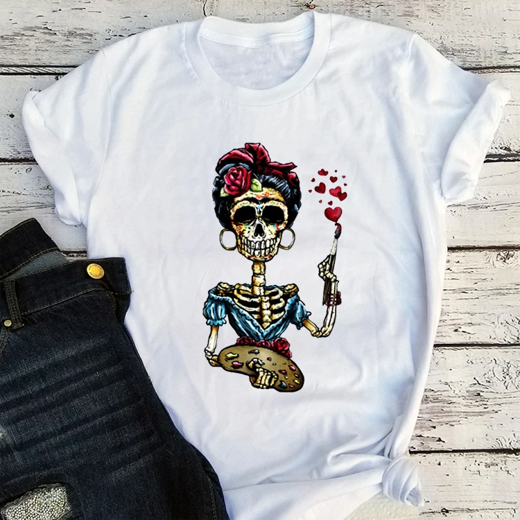 

Skeleton Woman Tshirts Skull Day of The Dead Graphic T Shirts Mexican Heritage Flowers Black Tops Casual Kawaii Clothes M