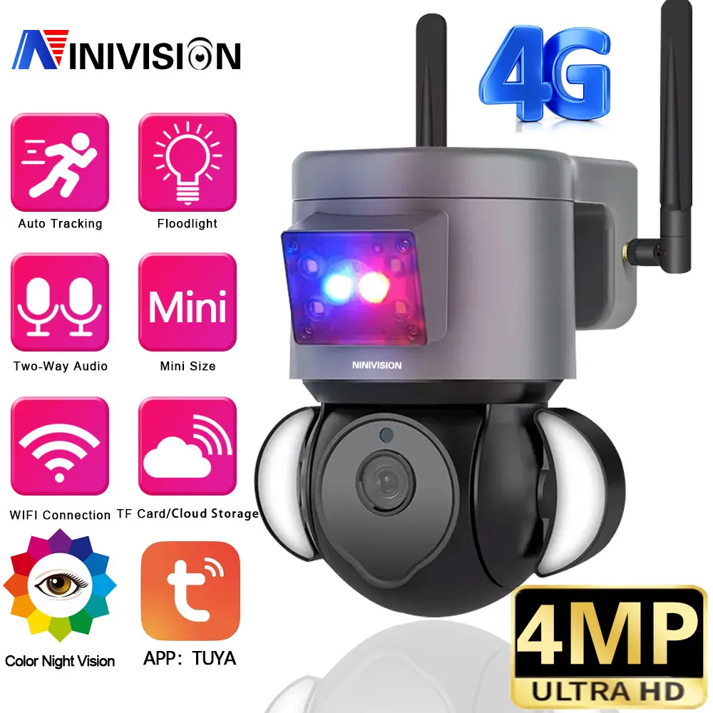 

Tuya APP 4G Camera Floodligt PTZ Camera Dome 2K 4MP Wireless 4G SIM Card IP Camera Security Outdoor CCTV P2P IR Night Vision 40M