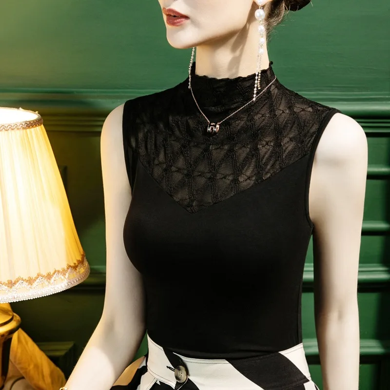 

Summer Modal Half Turtleneck Sleeveless T-shirt Women's Slim Fit 2022 Early Autumn New Lace Stitching Vest Y2k Top Shirts