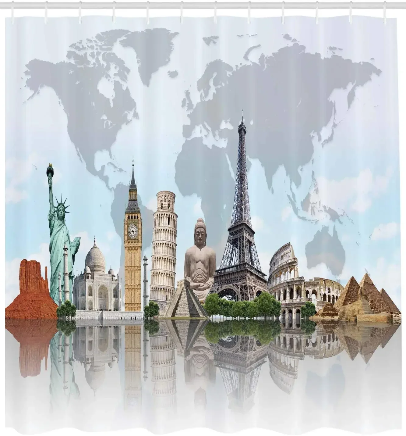 Landmarks All Over Globe Eiffel Pisa Big Ben Collesium Lady Liberty and Pyramid Ткань Декор для ванной комнаты