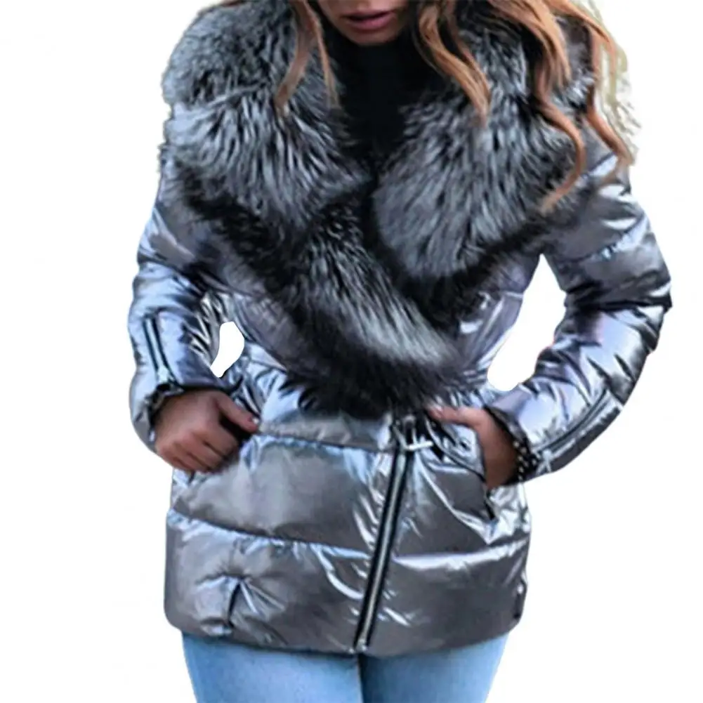 Women Plain Lapel Long Sleeve Belted Winter Parkas Bright Surface Ladies Faux Fur Collar Puffer Jacket