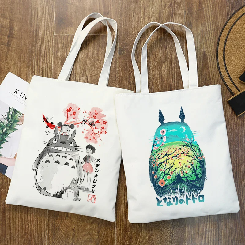 

Kawaii Totoro Spirit Shopper Bag Handbags Shoulder Bags Casual Shopping Handbag Women Elegant Canvas Bag High Capacity Book Bags