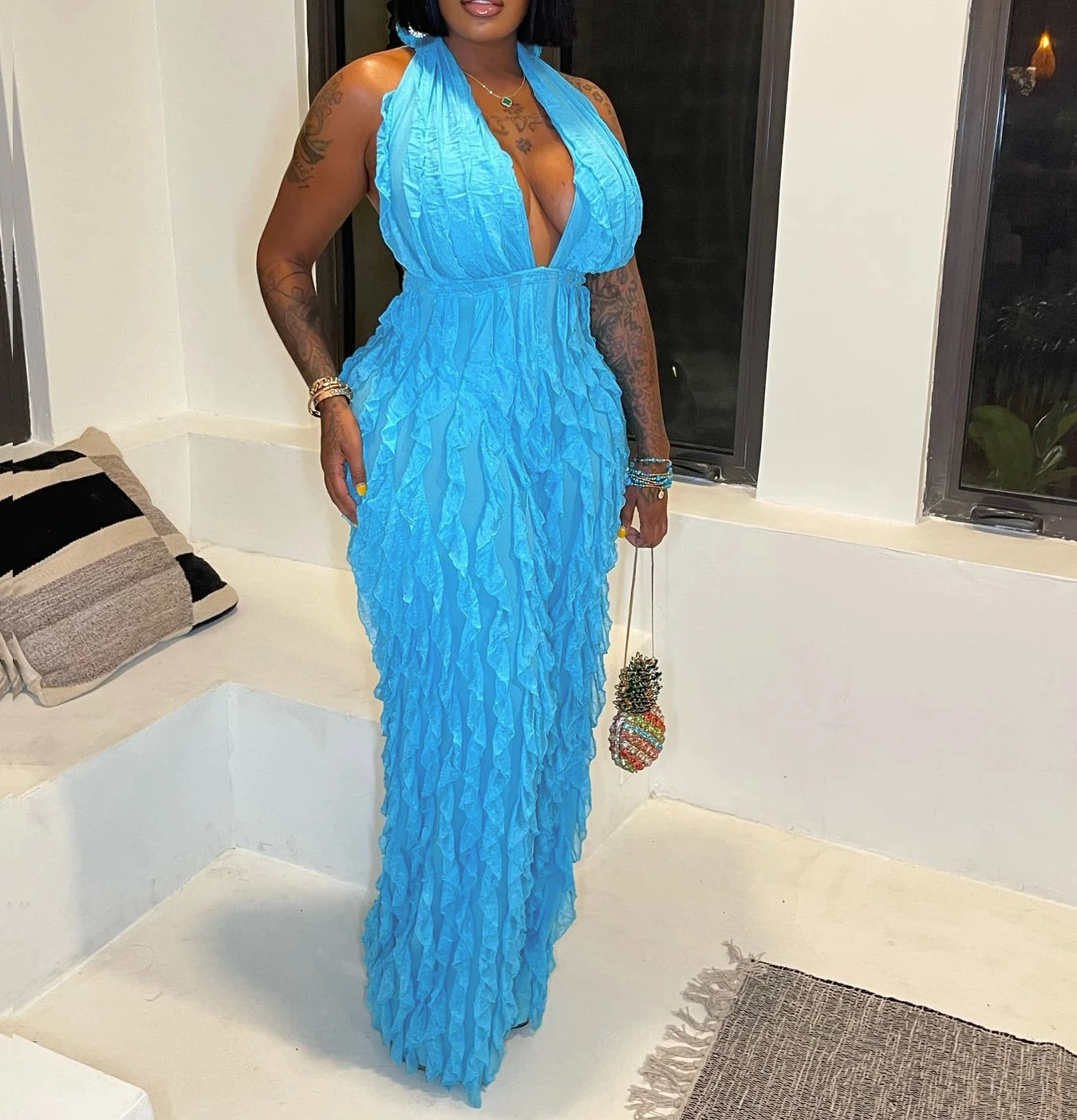 

Sexy Ruffle Halter Party Jumpsuit Women Solid Ruched See Through Wave Selvedge Club Night Out Beach Wear Wide Leg Pant Jumpsuit