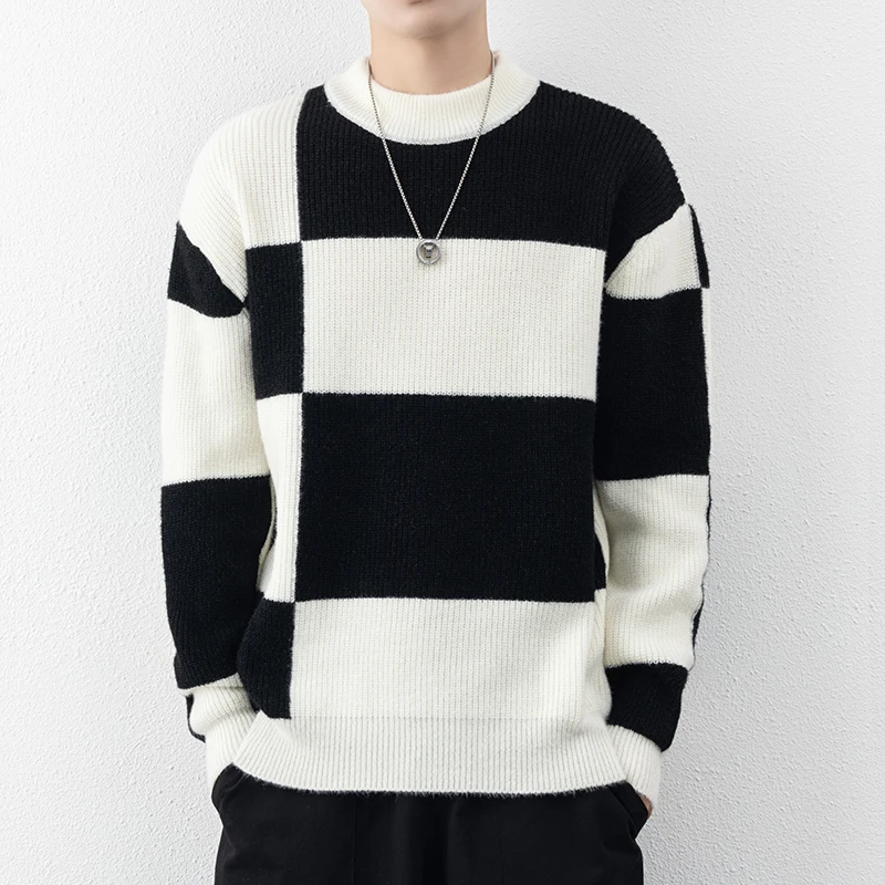 

Winter Korean Half High Collar Sweater Men Stitching Turtleneck Mens Pullover Thick Sweaters Tops Knitted Men's Jumper 2023 New