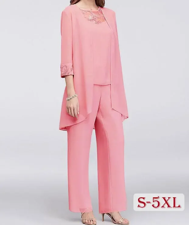 

S-5XL Elegant 2-Piece Set for Women Casual Chiffon Matching Sets Embroidery Patchwork Cardigan Outwear and Pants Suit Plus Size