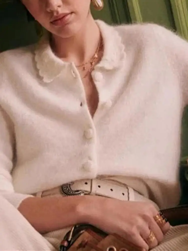 

Женский мягкий мохеровый свитер, Белый однобортный вязаный кардиган с длинным рукавом для ранней весны, 2022