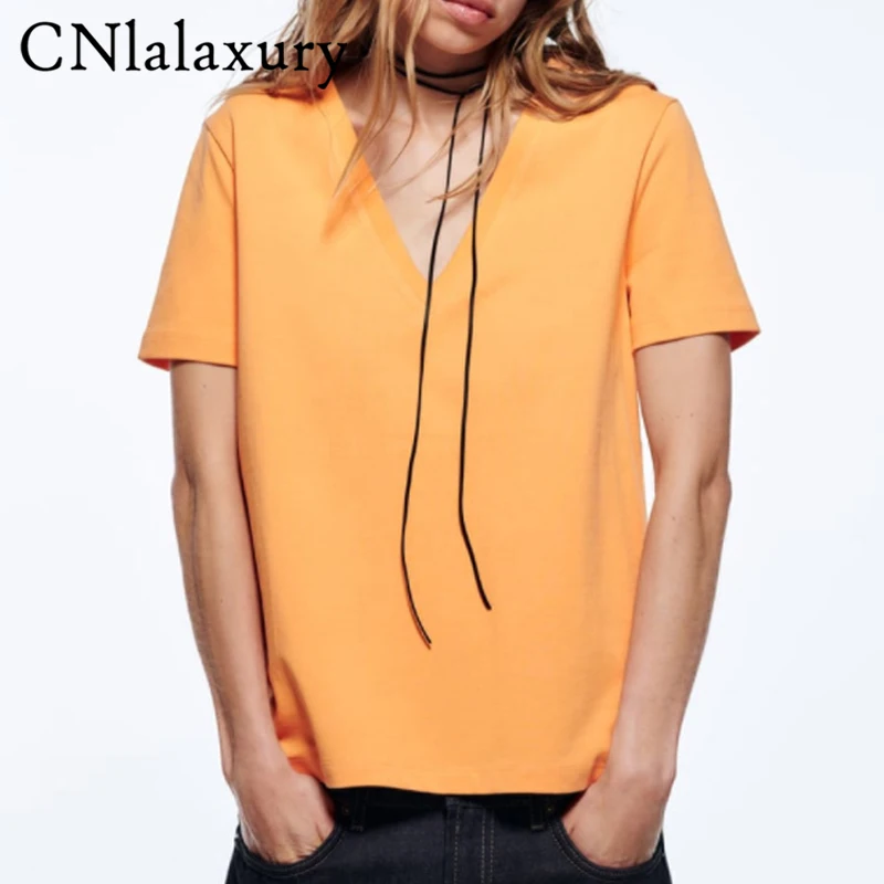 

Новинка 2022, летняя модная женская футболка CNlalaxury с коротким рукавом и V-образным вырезом, однотонные простые универсальные Свободные повсед...