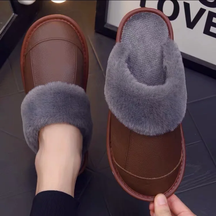 

Leather slippers winter women's home slippers plush warm anti-slip F-010