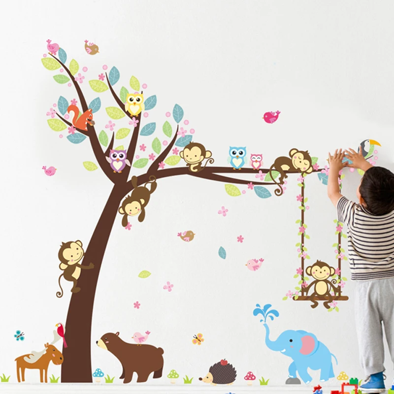 

Forest Animals Tree Kids Stickers Children DIY Bedroom Decoration Bear Monkey Wild Jungle Kids Decal Wall Decals Nursery Decor