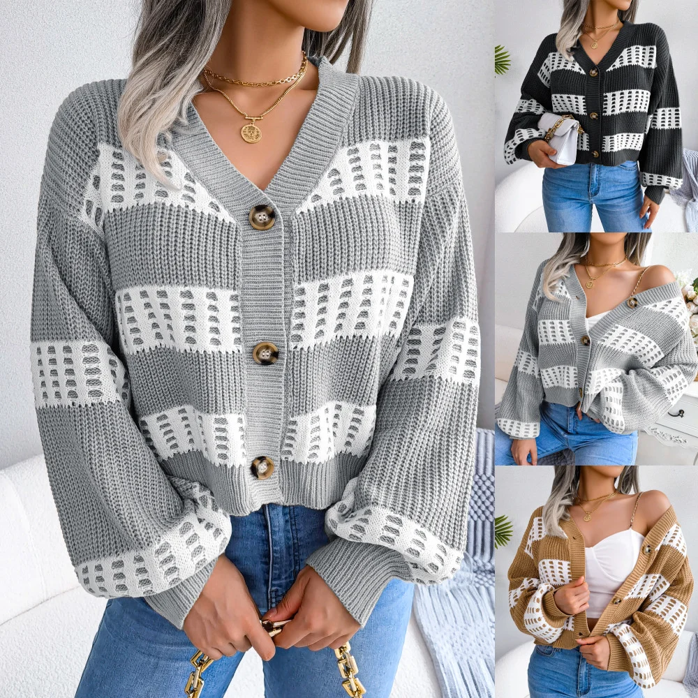 

Женский укороченный кардиган с рукавами-фонариками, свободный однобортный свитер с V-образным вырезом и длинными рукавами, пальто на пугови...