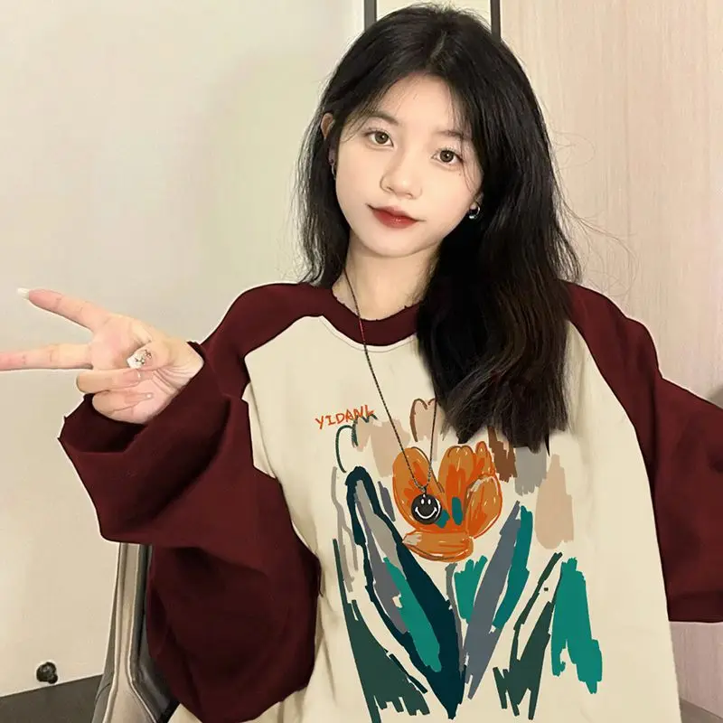 

Футболка женская хлопковая с длинным рукавом, винтажный топ с графическим принтом, Повседневная Уличная одежда в Корейском стиле, для девушек