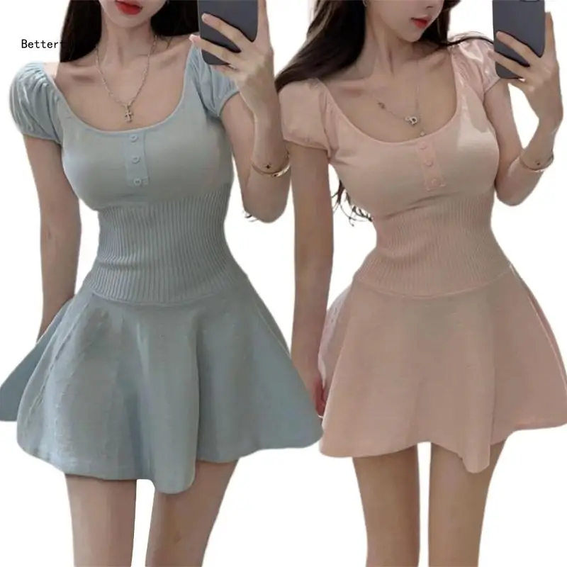 

B36D летнее сексуальное вязаное платье женские мини-платья с квадратным вырезом и пышными рукавами короткое платье