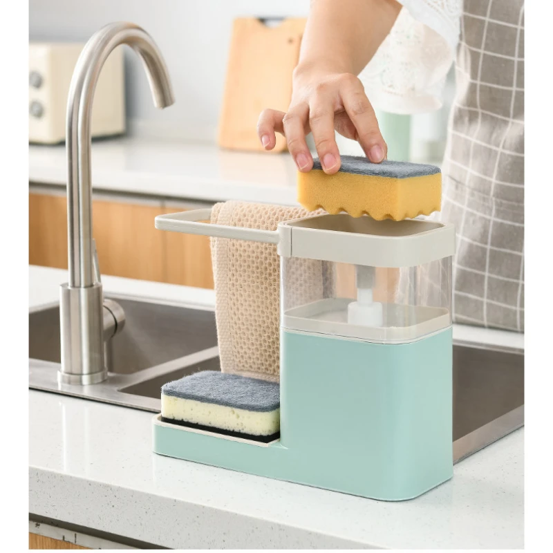 

Многофункциональный дозатор мыла, кухонный пресс, коробка для жидкости, стеллаж для слива губки, столешница для мытья посуды, предмет для хранения тряпки