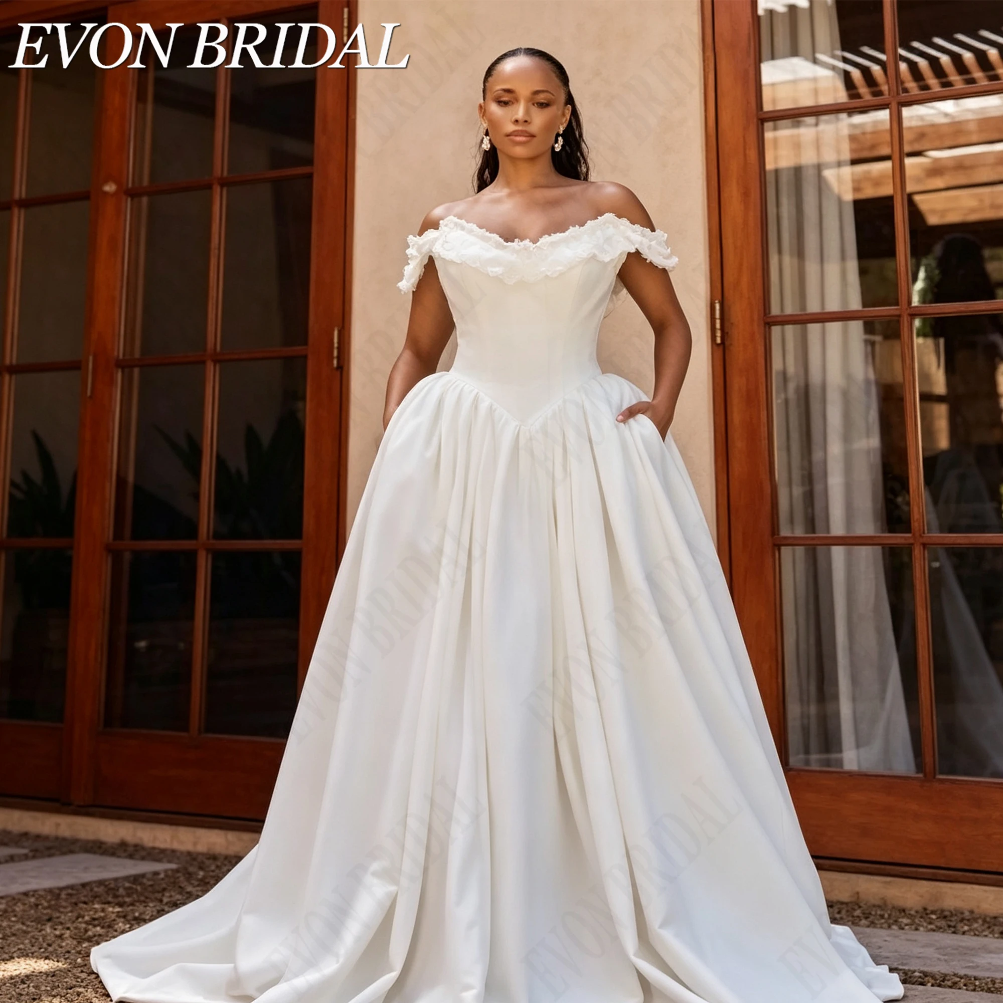 Фото EVON BRIDAL Свадебное платье со съемными рукавами для женщин с пышными формами, без бретелек атласное платье невесты баск силуэт, А-образное свадебное платье на шнуровке, индивидуальный пошив свадебного платья, №1