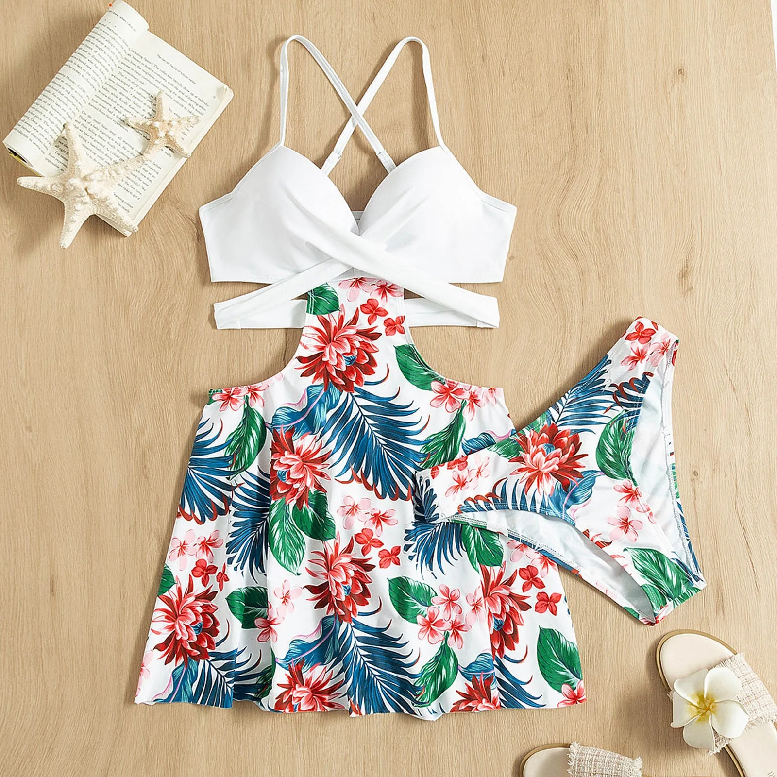 

Board Shorts Women Blue Bathing Suits for Women Womens 3 Piece Swimsuit Metallic Halter Triangle Bikini Set With Beach Skirt
