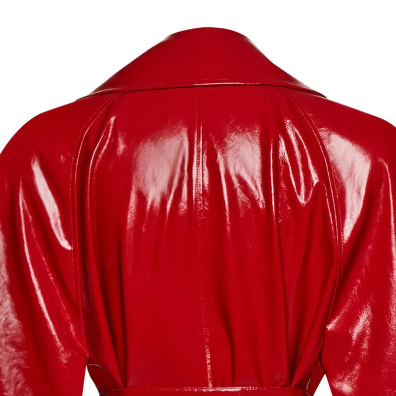 Модная красная ветровка из овчины длиной до колена двубортное стильное женское