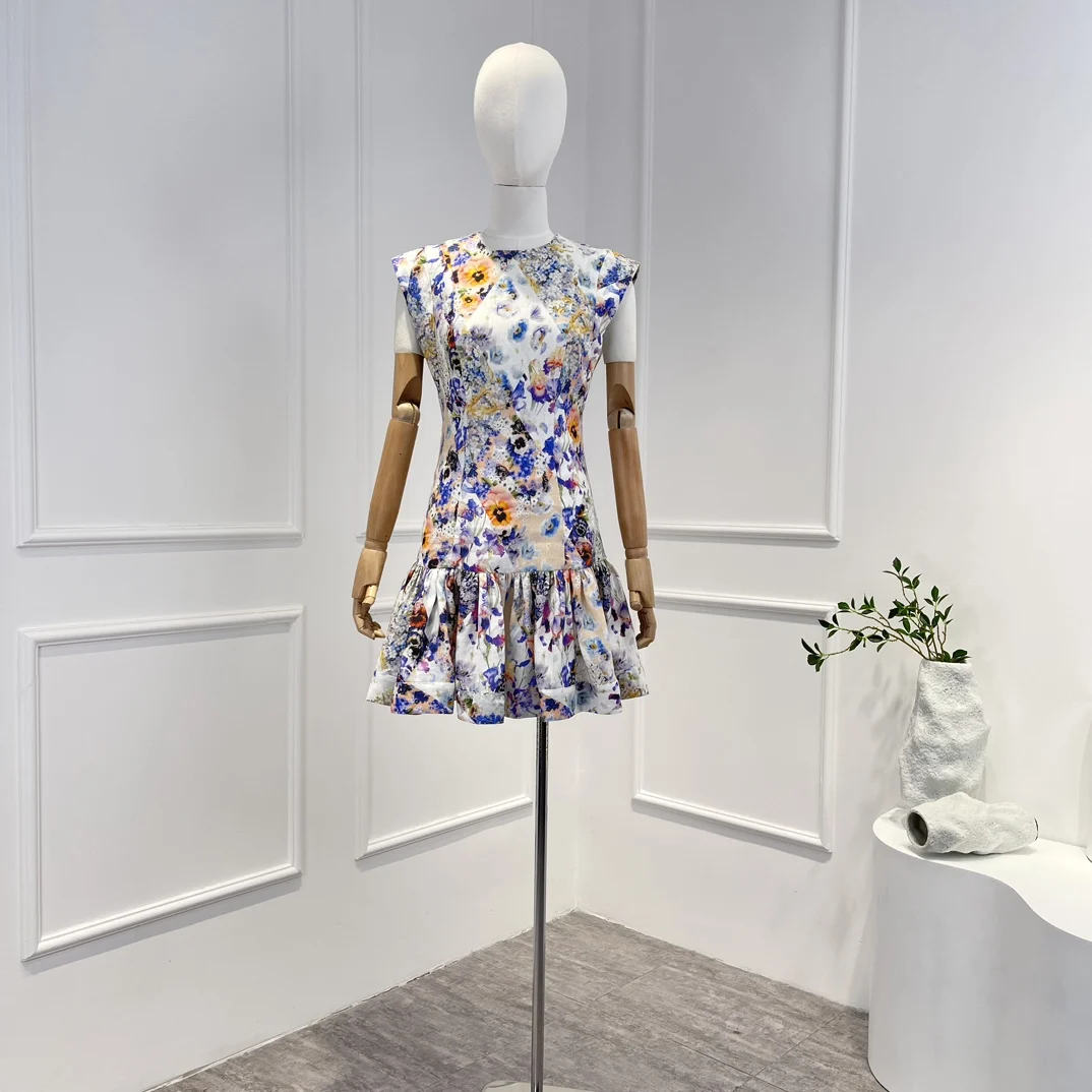 

Новое поступление, высокое качество 2023, винтажное пляжное мини-платье с цветочным принтом, оборками и оборками, без рукавов, для модных дам