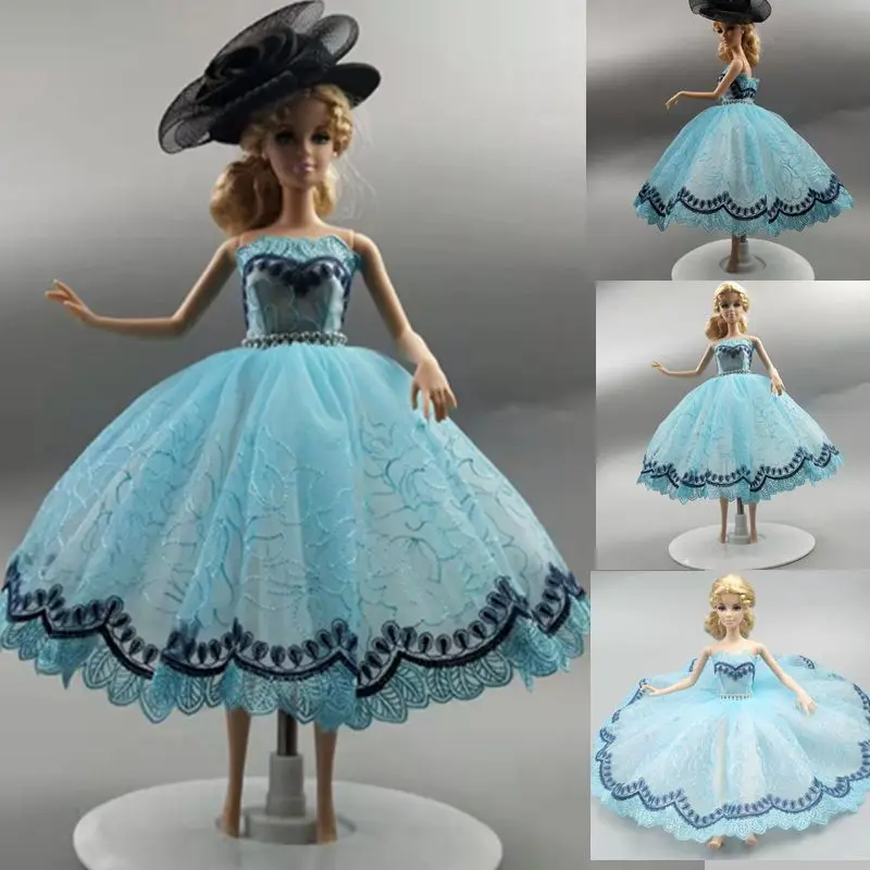 

1/6 BJD Blue Floral Princess Dress For Barbie Doll Clothes For Barbie Accessories Outfit Rhinestone 3-layer Skirt Kids Toy 11.5"