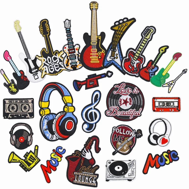 

50pcs/lot Luxury Embroidery Patch Letter Music Note Guitar Headphones Bass CD Saxophone Instruments Clothing Decoration Applique