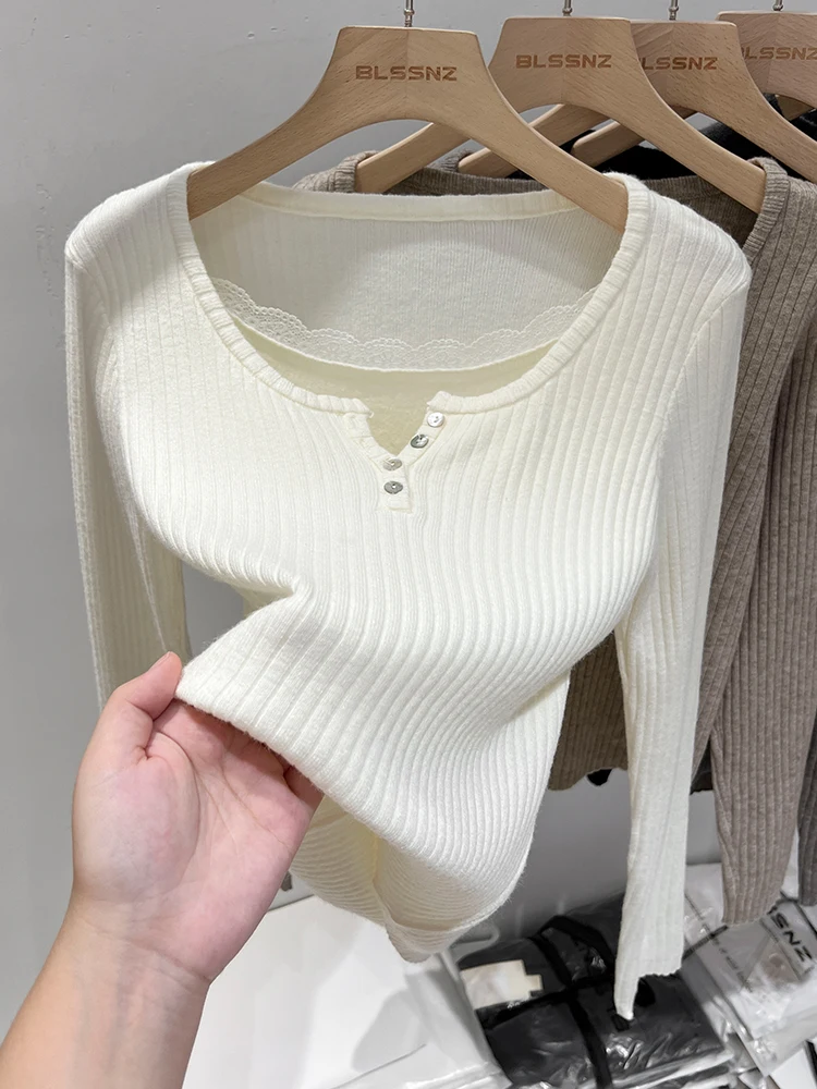 V-neck Lace Knit Women Autumn and Winter 2024 New Bottoming Shirt Inner wear Long sleeve Patchwork Fake Two Pieces Top