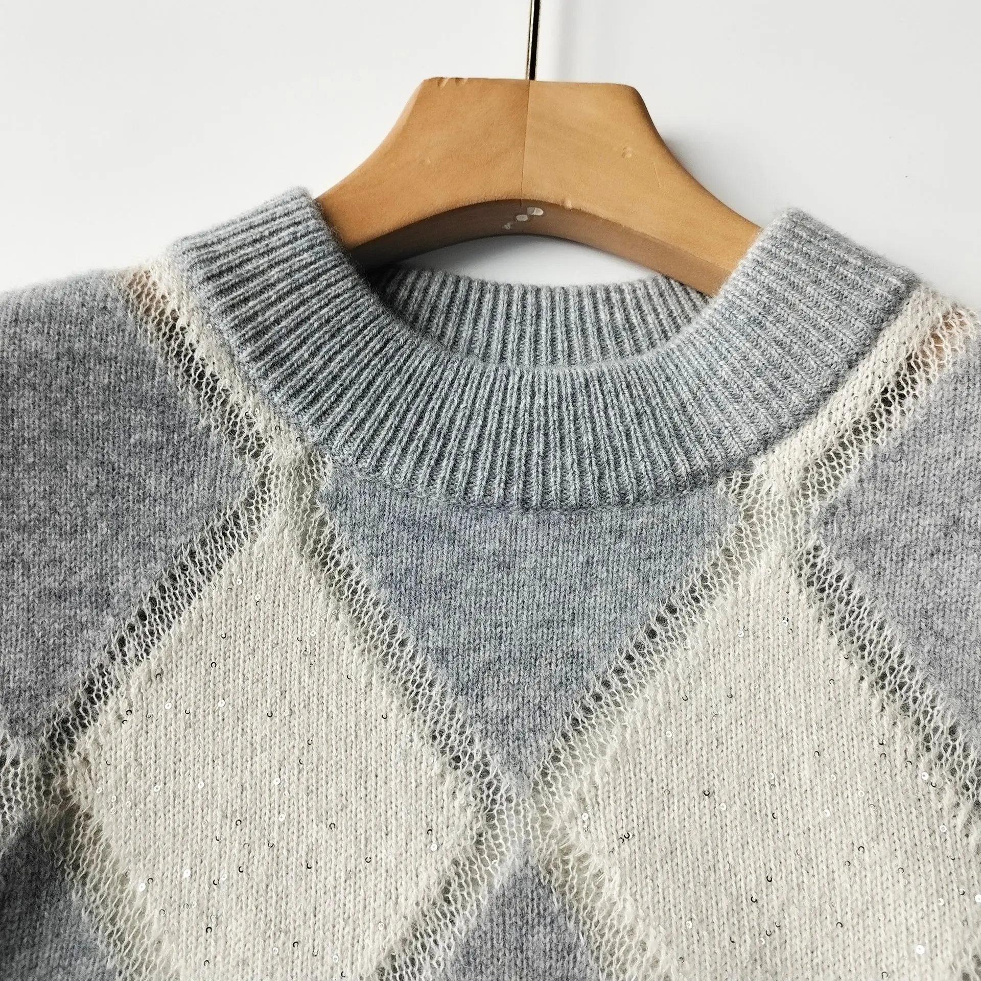 Шерстяной мохеровый свитер для женщин осень-зима ромбические блестки ажурный