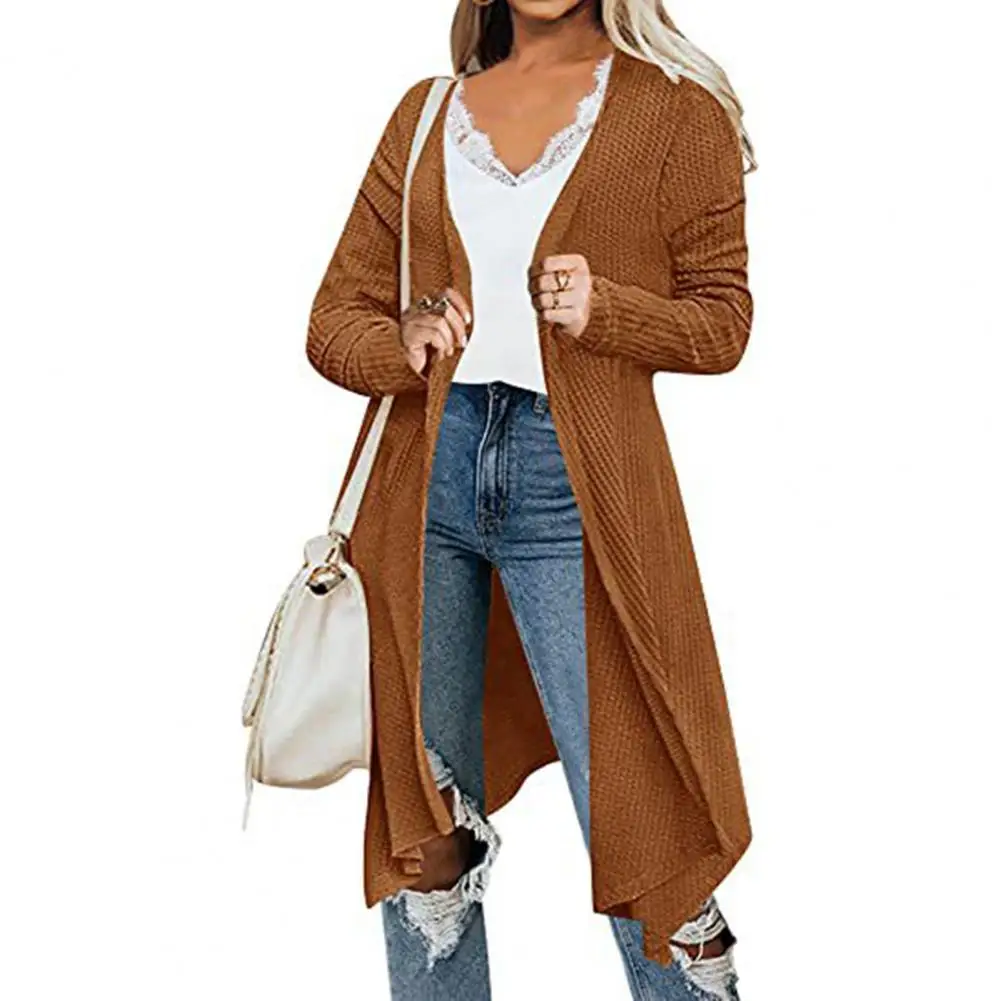 

Long Sleeve Waffle Open Front Draped Placket Knitted Jacket Autumn Winter Casual Solid Color Knee-Length Sweater Cardigan
