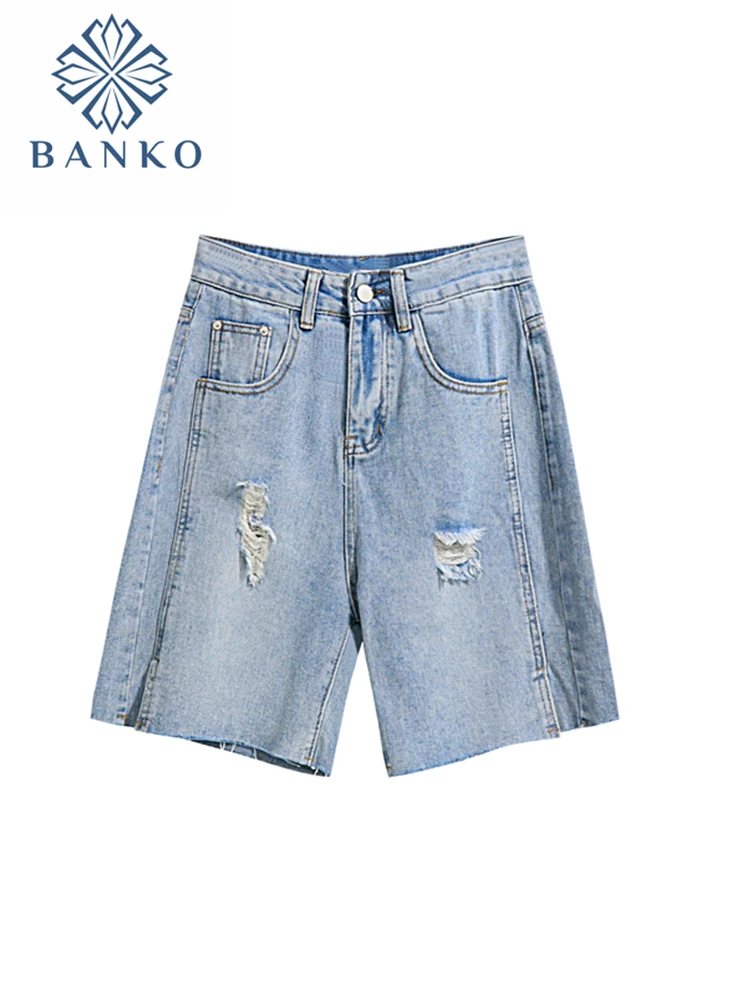 

2022 New Summer Women High Waist Blue Wide Leg Denim Shorts Casual Female Solid Streetwear Stright Jeans Ripped Hole Shorts Lady