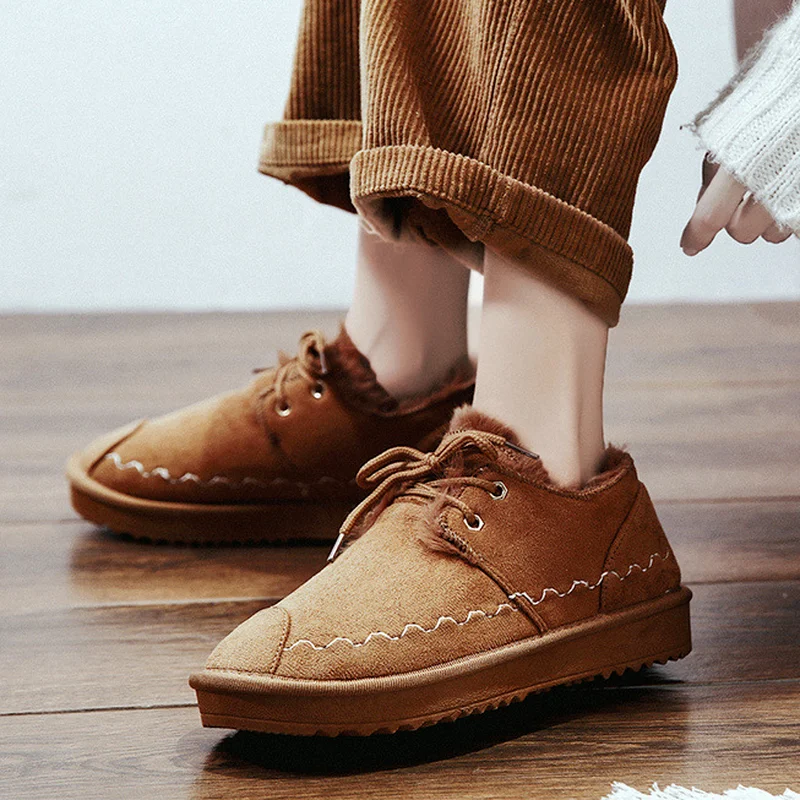 

Winter Women Warm Snow Ankle Boots Platform Flat Heel Non Slip Bottom Flock Upper Sewing Casual Leisure Footwear Shoes Ladies