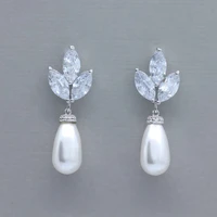 luxury princess cut hand inlaid horse eye zirconia earrings exquisite silver color growing pearl dangle wedding bridal earrings