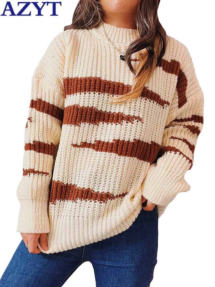 

AZYT Winter Pullover Women Sweater O Neck Striped Panelled Sweater Jumper Female Loose Soft Knitwear Pull Femme 2022