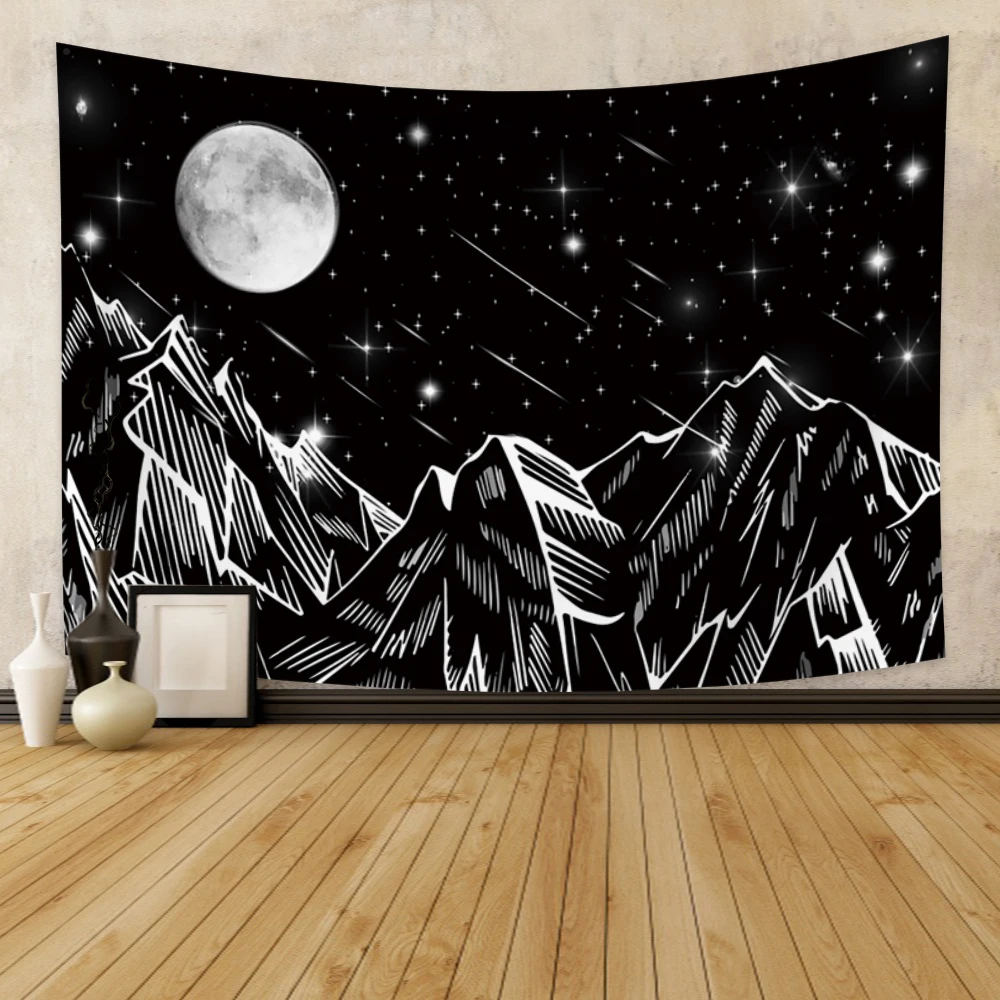 

Black and White Starry Night Mountain Tapestry Wall Hanging Bohemian Psychedelic Bedroom Living Room Dormitory Home Decoration