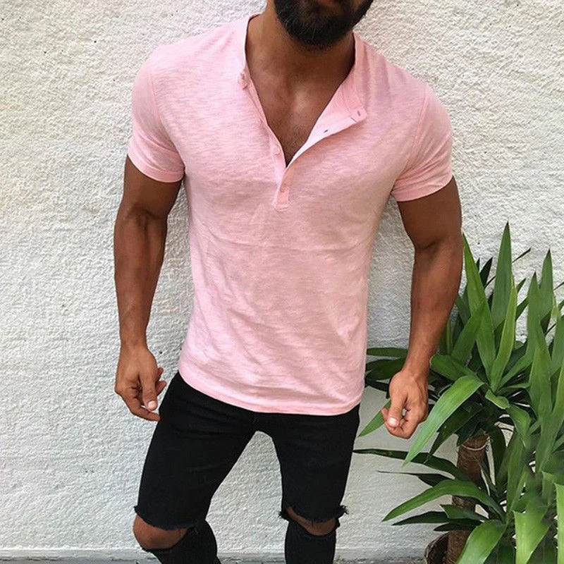 

Fashion O Neck Button-up Cotton Tops Pullover Casual Men New Slim Shirts Streetwear 2022 Summer Short Sleeve Solid Shirts Mens