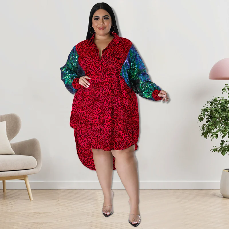 

Plus Size Women's Dresses New Leopard Print Long-sleeved Collision Color Splicing Sequins Dress Fashion Lapel Elegant Dresses