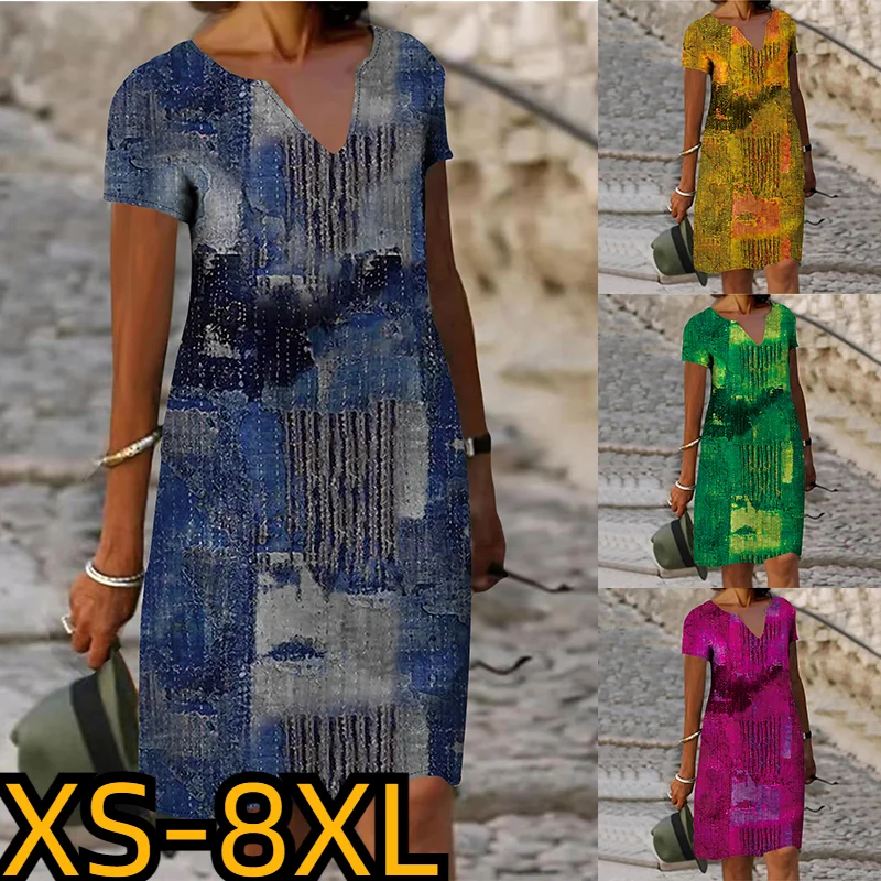

Short Sleeve Dress Plus Size Knee Length Dress New Design Print Dresses Women Loose Women Summer V Neck Vestidos Boho Dress