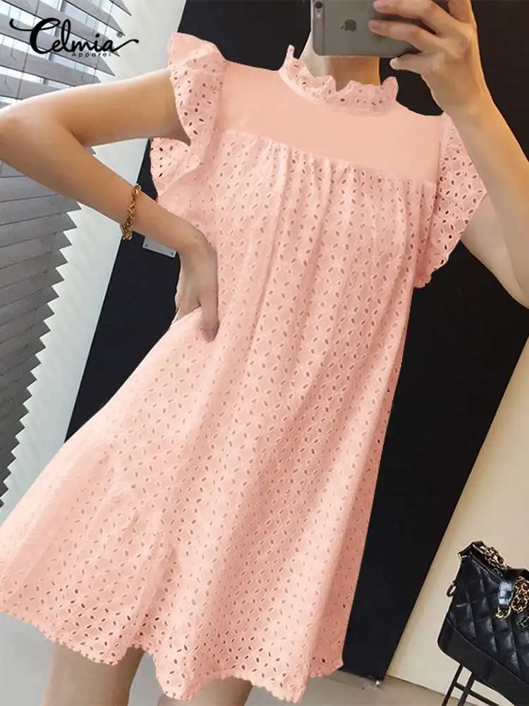 

Платье Celmia женское короткое с оборками, элегантное ажурное кружевное повседневное в Корейском стиле с круглым вырезом, без рукавов, на лето