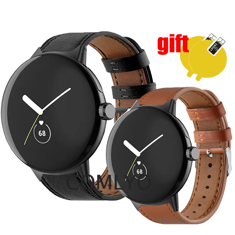 

2in1 Band For Google Pixel Watch Strap Leather Soft Bracelet Matel Adapter Screen Protector Film