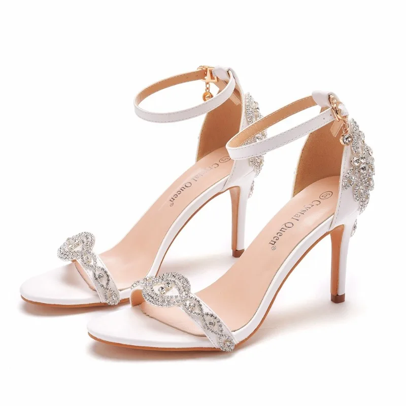 

Sexy High Heels Wedding Prom Women Sandals Rhinestone Buckle Strap PU 5CM 8CM Thin Heels Dance Female Classics Women Shoes White