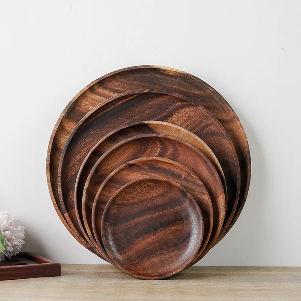 Acacia Wood Dinner Plates Vintage Wood Dinnerware Set Plates Serving Platter set Round Tableware Salad Dessert Tray