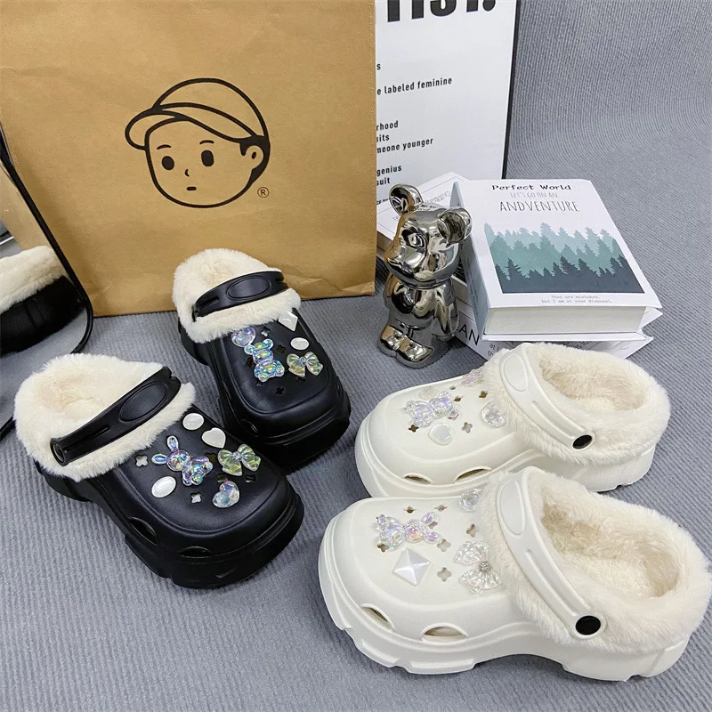 Зимние женские классические сабо на платформе с меховой подкладкой сандалии без