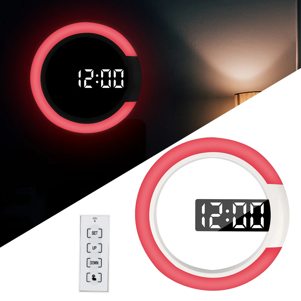 

Temperature Nightlight 7 Colors Remote Control Mirror Table Alarm Clocks Home Living Room Decoration 3D LED Wall Clock Digital
