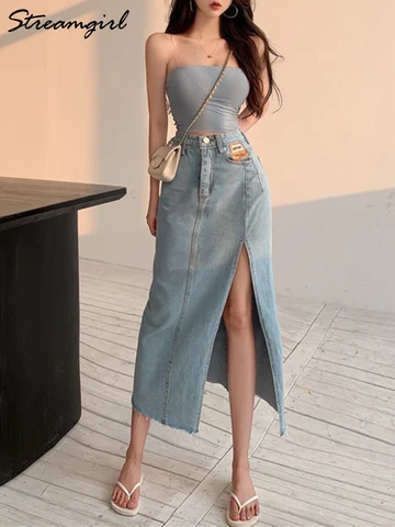 Streamgirl Maxi Jeans Skirt Women Denim Long Skirts Summer 2023 Vintage Maxi Skirt Side Split Denim Skirt Women Long Korean