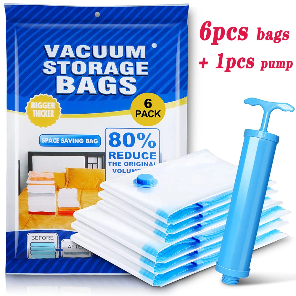 

6Pcs Vacuum Storage Bags with Hand Pump Space Saver Sealer Bags for Clothes Comforters Bedding Organizer Air Compression Bags
