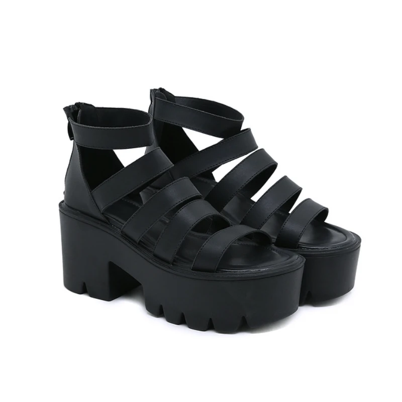 Women Leather Gladiator Sandals Black Block Heels Shoes Open Toe 2023 Summer Leisure Chunky Platform High Heel Roman Sandals