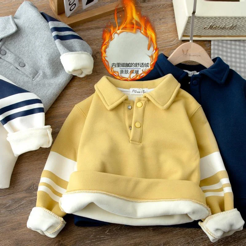 

2023 Winter Kids Sweatshirts Boys Turn-down Collar Thicken Tracksuit Fashion Plus Velvet Warm Clothing Children Autumn Top