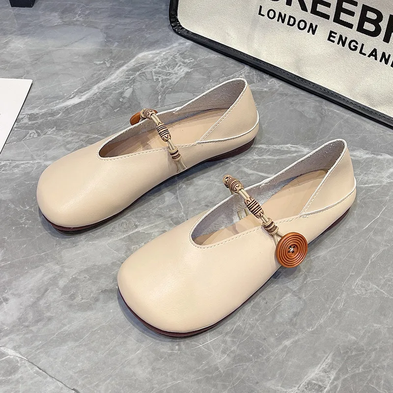 Simple Retro Wide Leg Fit Flats Mom Spring Summer Mary Jane Shoes Women Ballerina Flats Harajuku Style Button Straped Moccasins