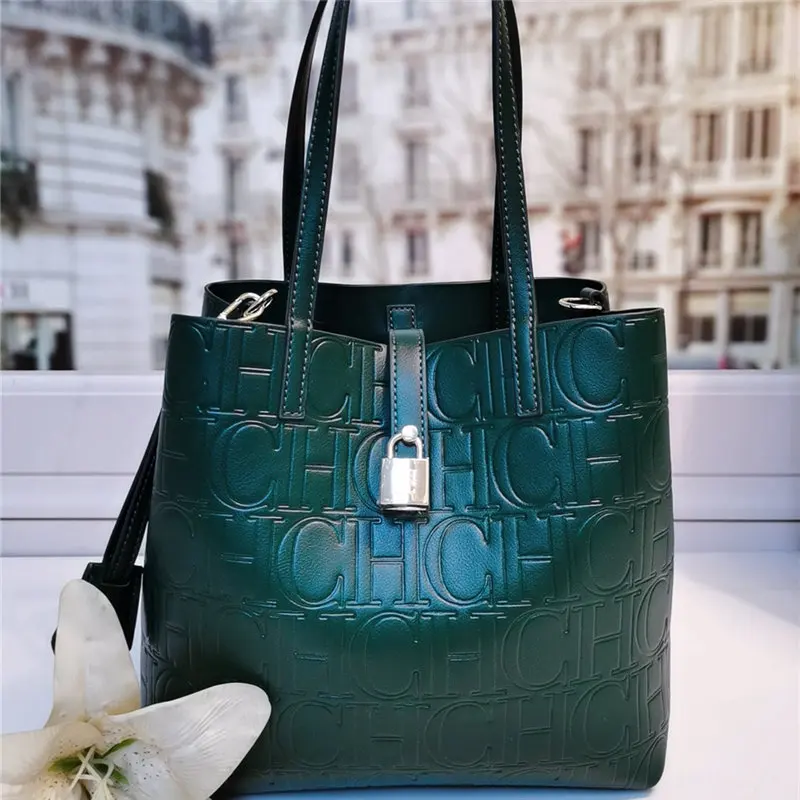 

100% Genuine Cowhide Large Capacity Printing 2022 New Letter CHCH HCHC Single Shoulder Messenger Handbag Fashion Bucket Bag Sac